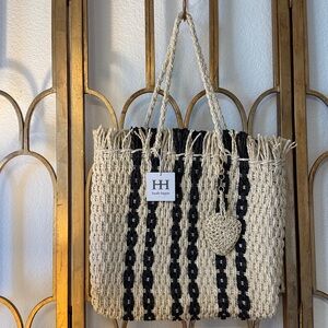 Raffia Straw Bag with Heart Keychain